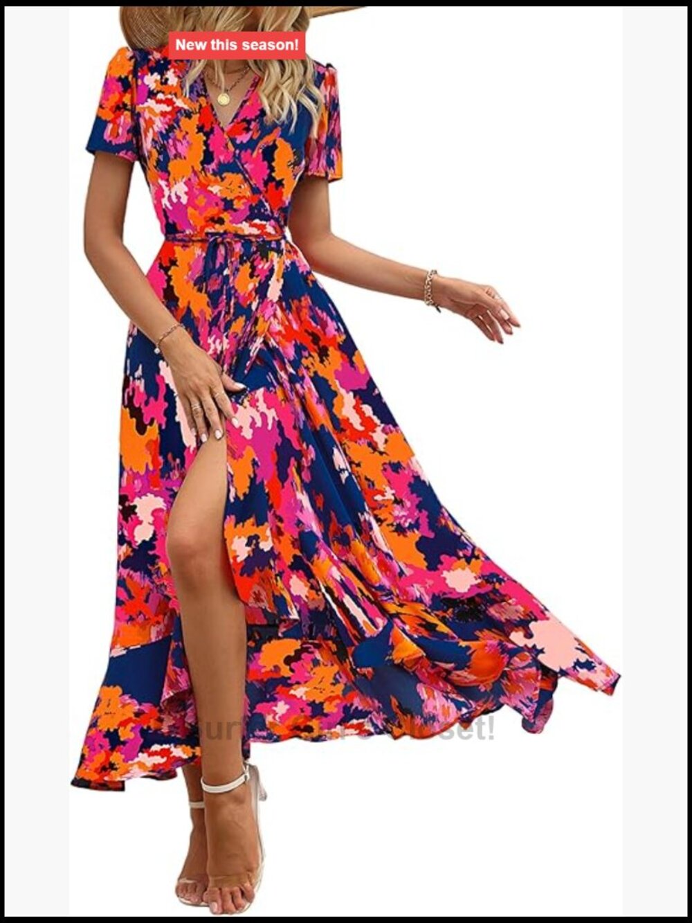 Boho Floral Maxi Dress Wrap V Neck Short Sleeve Flowey Beach Wedding Guest